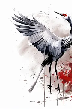 AI数字艺术中国风水墨仙鹤丹顶鹤手绘插画