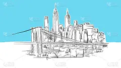 曼哈顿和布鲁克林大桥天际线全景矢量素描