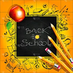 回学校!在黑板和课桌的背景上有手绘的一套文具。创意海报或横幅。