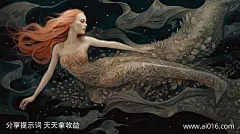 人鱼_提示词查看_Midjourneyai绘图工具关键词描述词咒语_1456X816像素-鱼尾,鳞片,神秘,哥特,人鱼,长发,女人,黑暗幻想-提示词编号:2023072414588759-绘ai-www.ai016.com-素材库-sucai1.cn