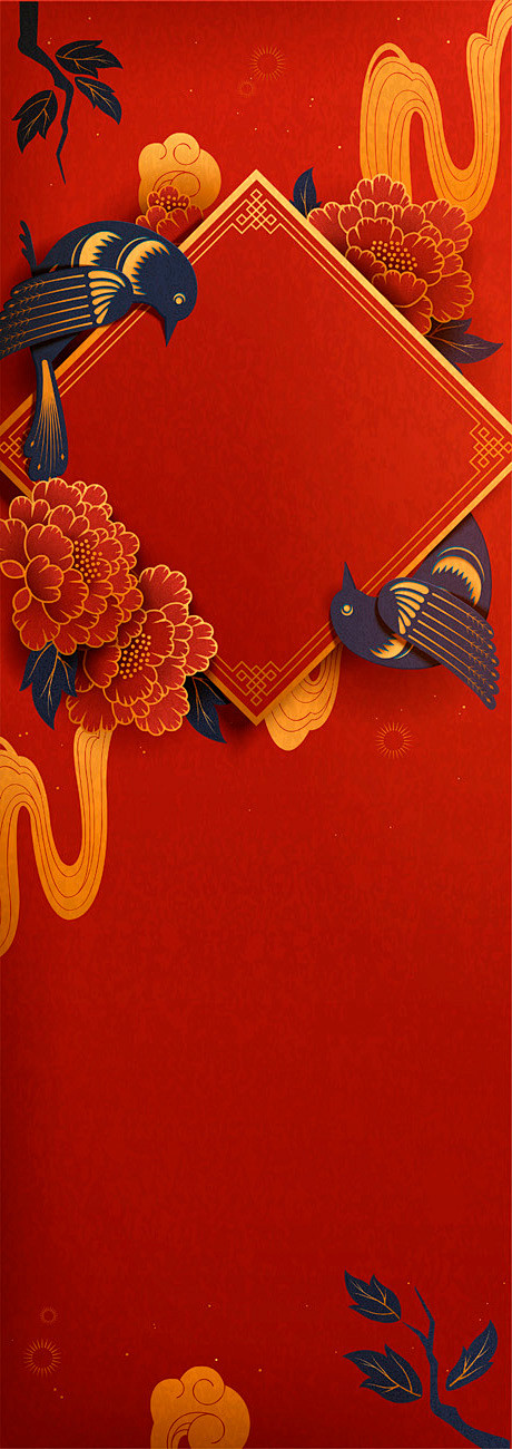 剪纸风农历年传统空白春联与燕子红色背景中...
