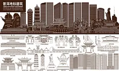 云南普洱地标建筑矢量剪影印象景点线稿线描手绘插画会议背景素材