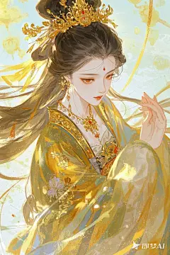 俯视视角，古风少女，手绘，水墨晕染，弥散渐变，丁达尔光，漫反射，故事感，意识流，宣纸机理，光纱光斑点缀，层次感，披散头发，华丽的饰品和华丽复杂衣服纹理，人物特写，精致细节，人物极美，金色系，极致细节