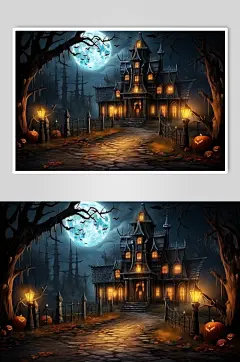 AI数字艺术万圣节万圣夜恶魔城堡背景插画