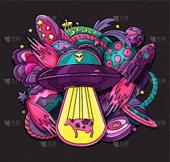 外星人，行星，火箭，恒星的太空印记。印在衣服、海报、背景上。矢量插图。