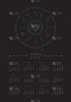 矢量垂直日历为2022与华丽的黄道圈在黑色的背景。A3, A2海报与占星星座在黑暗的颜色。带有线性插