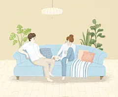 沙发蓝黄创意大气居家手绘女孩插画