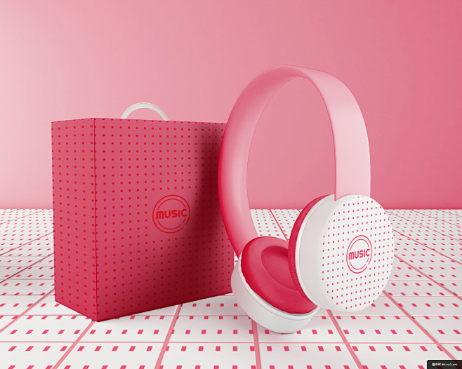 简约时尚的粉红色耳机样机素材