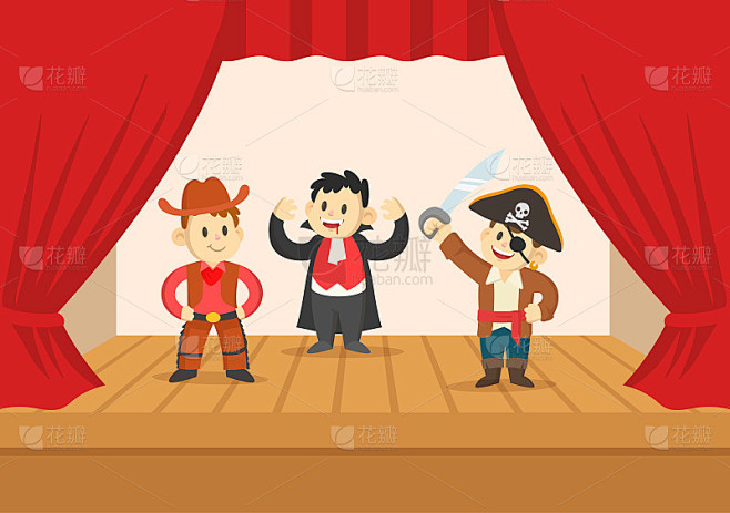 卡通男孩穿着戏服在剧场的舞台上表演。幼儿园的话剧。平面矢量插图，孤立在白色背景上。