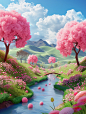 3D illustration of the countryside, with grass on both sides and pink trees with large flowers in front of them, small bridges over flowing water, in the style of a cute cartoon, with a blue sky and white clouds, green hills in the background, high qualit