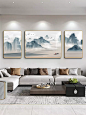 山水画客厅装饰画新中式沙发背景墙装饰画三联挂画中国风水墨壁画-tmall.com天猫