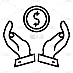 一枚带有美元符号的硬币落入张开的手中。获取利润，赚取手续费，存款保管，存款发行。矢量图标，孤立，轮廓