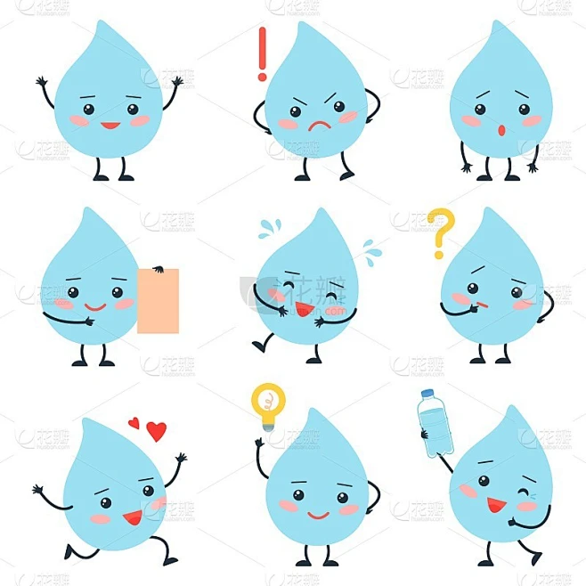 可爱的卡通滴。有趣的点滴，情感的点滴。孤立的水人物，思考，愤怒和找到解决办法。干净的蓝色象形向量元素素材-花瓣网