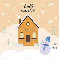 冬天下雪的风景有可爱的乡村房子和树，一个雪人。你好,冬天。矢量插图在一个平坦的风格。贺卡模板，有空间