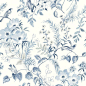 其中可能包括：a blue and white floral wallpaper with birds on the branch, flowers and leaves