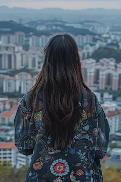 遥望远方甜美女孩背影