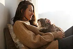 点击来源直接获取大图文件 |年轻女子抱着可爱的西伯利亚猫的肖像。女性拥抱她可爱的长毛猫咪。背景，复制空间，特写。可爱的家养宠物概念。