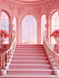 the stairs leading up to a pink room, in the style of digital art, rococo pastel colors, bryce 3d, fairycore, rich and tonal, romantic atmosphere, arched doorways