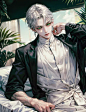 Teenage uncensored，male people，white medium length hair，Green eyes，White shirt，The clothes are half-open，silver earrings，long black suit，stubborn，Lie down in bed，hands cuffed on head