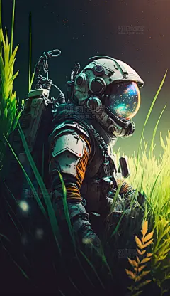 绿色草地科幻宇航员创意赛博朋克数字作品AI作品数字插画