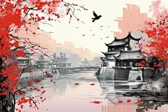 水墨风徽派建筑江南水乡插画