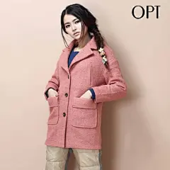 OPT2014秋冬毛呢外套原创复古大口袋九分袖宽松毛呢大衣女Y8254