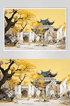 AI数字艺术水墨风徽派建筑江南水乡插画-众图网