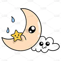 月牙、夜星和天空中的云，矢量插图艺术。涂鸦图标形象卡哇伊。