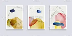 一套时髦的水彩画,简约的抽象手绘插图.抽象的构图处理各种形状。很好的设计墙面装饰,明信片或小册子封面
