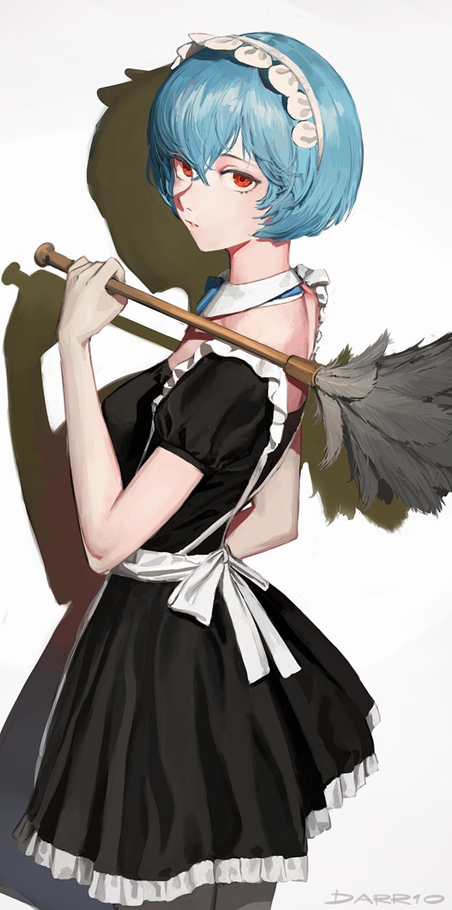 女佣绫波丽插图看着观众红眼睛蓝头发短发女...