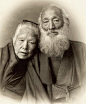 Portrait of an elderly couple in traditional kimono.  Photo taken during the 1890’s, Japan, by photographer Kazumasa Ogawa