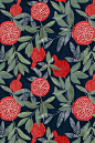 Pomegranate garden on dark by lavish_season - Hand illustrated pomegranate pattern on a dark background on fabric, wallpaper, and gift wrap. Bright red pomegranates with olive green leaves.