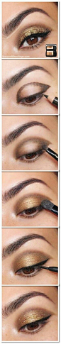 brown pencil eyeliner, eyeshadow brush, gold eyeshadow, black liquid liner, and black mascara! PERFECT!