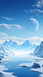 A snowy scene with some water and a planet behind it, in the style of realistic landscapes with soft edges, mountainous vistas, realistic blue skies, 20 megapixels, soft, romantic landscapes, magewave, detailed fantasy