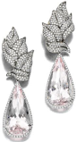 Morganite and diamond earrings by Margherita Burgener. Both of these beauties begins with a pavé-set foliate surmount. Each surmount suspends a detachable pendant of pear-shaped morganite in a border of brilliant-cut diamonds.  Via Diamonds in the Library