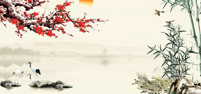 海报banner梅花竹子水墨画国画中国风新中式简约梅兰竹菊背景墙壁纸