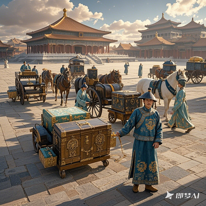几个人在搬古代的宝箱，一箱一箱往马上车搬，马车也是一排一排的，背景中国古代皇宫里面，电影写实9