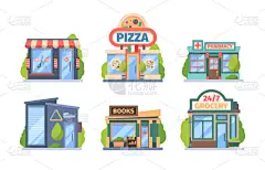 商店和商店准备好了。商业色彩零售市场食品销售城市精品店的橱窗陈列着遮阳篷现代风格的餐厅小建筑。病媒超