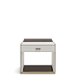 Wooden frame. Finishing in leather or ecoleather. Metal profiles and handles. One drawer. Optional marble top.