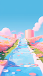 a path with a flower in the background, in the style of colorful animation stills, sky-blue and pink, melting pots, toycore, perspective rendering, duckcore, lively landscapes