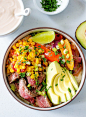 Cheddar Rice Bowls with Marinated Flank Steak, Corn, & Chipotle Drizzle | yestoyolks.com