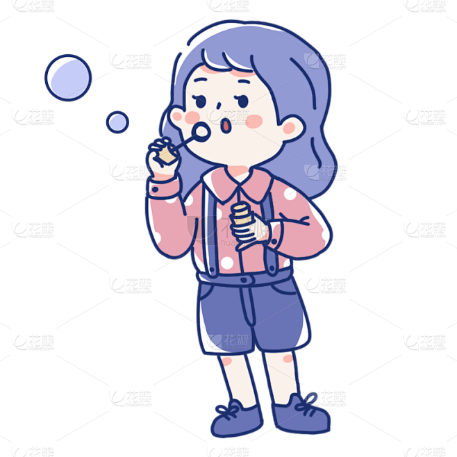 手绘-韩系可爱少女人物贴纸-吹泡泡素材-花瓣网
