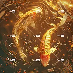 两只金色锦鲤在一池水中游泳，螺旋形的水面效果，浅金色和红色海