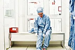 女半导体科学家在坐着时穿上/脱下她的保护鞋。