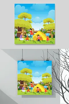 周末一家四口郊游露营插画设计元素