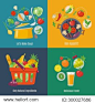 Food infographic. Flat style. Shopping basket. Grilled vegetables, soup and juice infographic. 