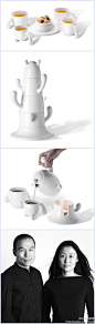 iLOOK杂志：#iLOOK Monitor#【餐桌上的仙人掌】：餐桌上长出几株白瓷仙人掌。把最高的那株拆开，是四个形态各异的杯子和一个甜品盘。矮的这株是一把茶壶、两个杯子和一个蜡烛加热座。这套有趣的仿生仙人掌器具出自@意地筑作 之手，被丹麦PO：公司买走了产品的版权。意地筑作由设计师夫妻档连志明和王珂创立。