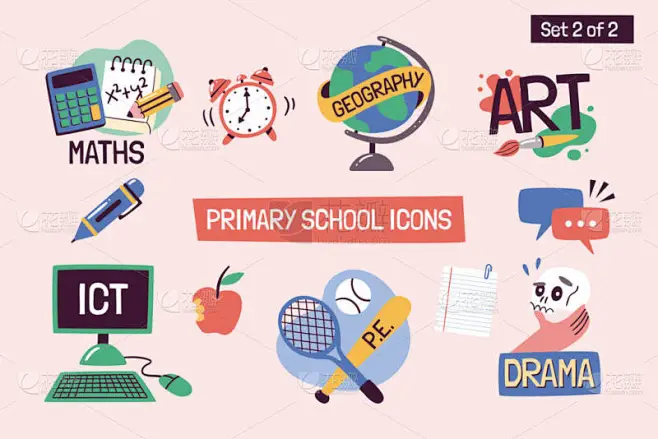 学校科目教育图标。附有小学科目的手绘病媒标签。完美的时间表、网站、学校应用、贴纸设计等-花瓣网