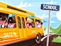 黄色校车人物车辆运输儿童巴士学校黄色kit8平面矢量图