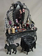 Dolls house miniature Black Vampyra / Witch Filled Dressing Table: 